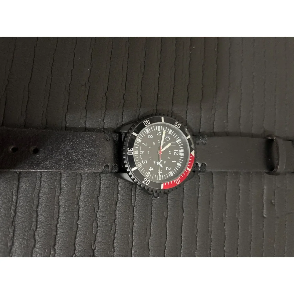 Classic Time Mens Military Field Watch Black Dial Red Bezel Leather Strap 33348